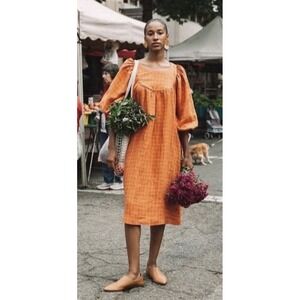 ALIYA Wanek Birdie Midi Dress Sz M Orange Plaid 100% Linen Pockets Designer